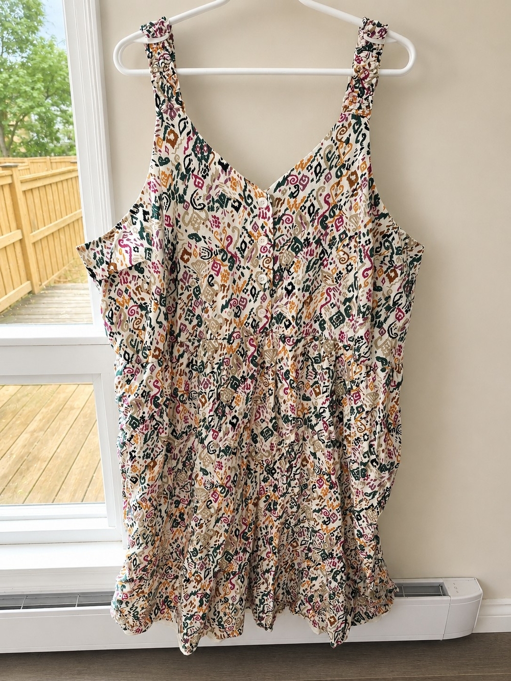 Penningtons Cream Floral V-Neck Smocked Mini Dress with Pink and Black Accents - Picture 2 of 2